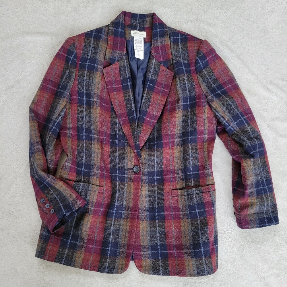 Plaid Wool Blazer Burgundy Navy Vintage Tartan Jacket 12 - Picture 1 of 6